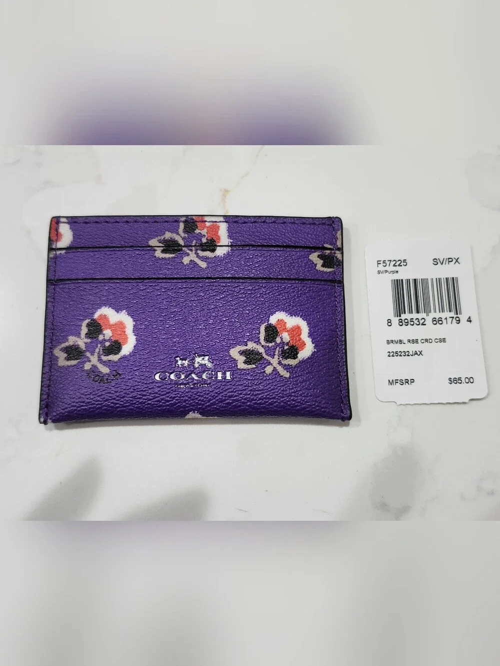 NWT Authentic Coach Purple Bramble Rose Leather Card Case with Silver Accents